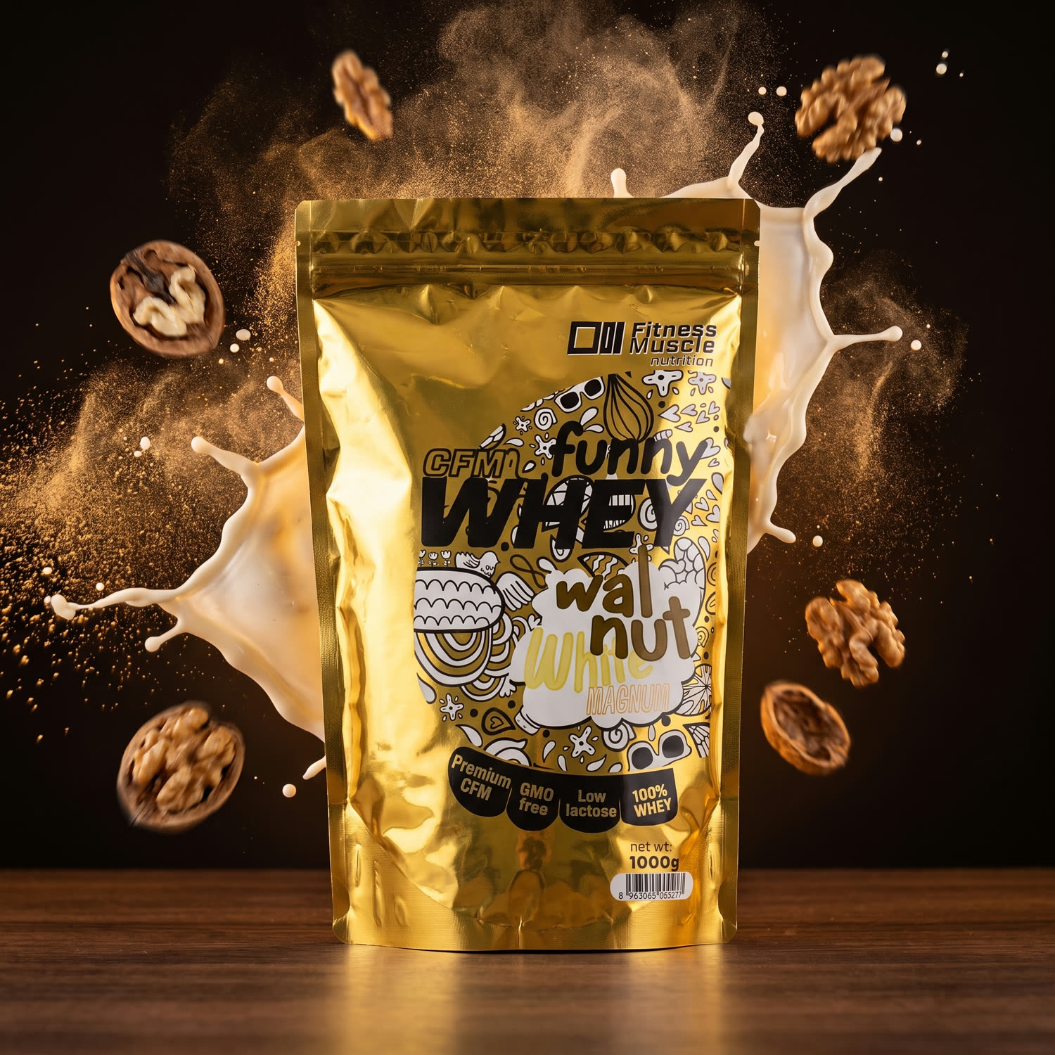 AI produktový vizuál proteinu se splashem mléka